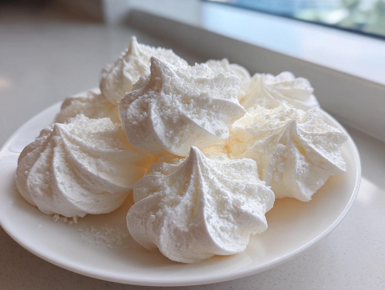 Close-up of several perfectly piped, crisp white meringue cookies sprinkled with sugar on a white plate.