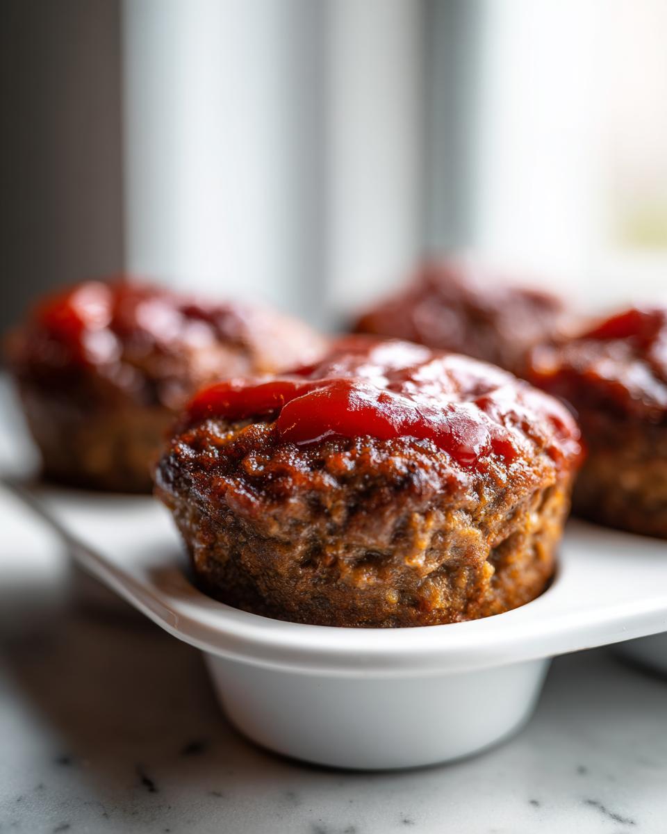 Close-up of a freshly baked mini meatloaf topped with bright red glaze, resting in a white muffin tin.