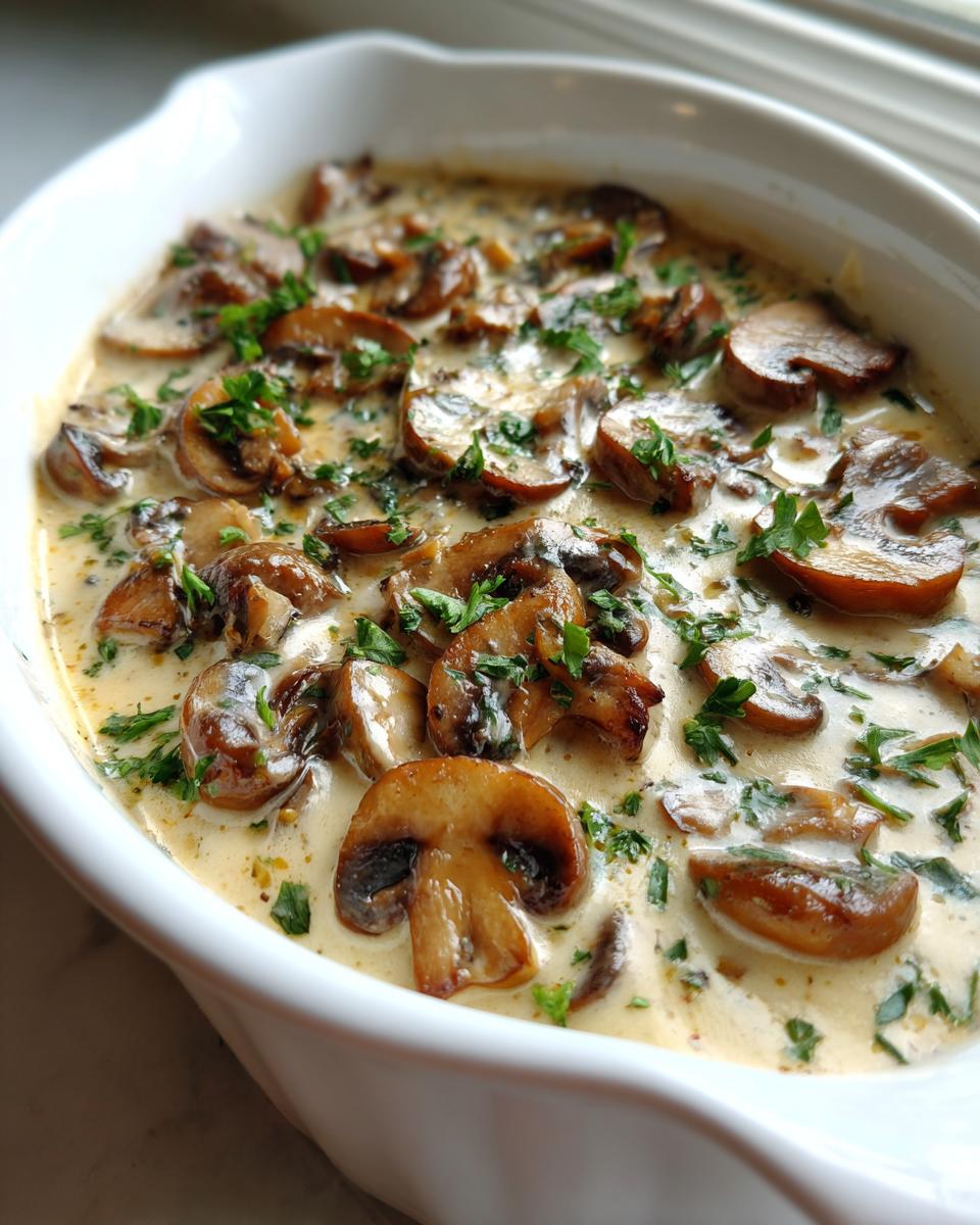 Close-up of sliced brown mushrooms swimming in a rich, creamy mushroom sauce and garnished with fresh parsley.