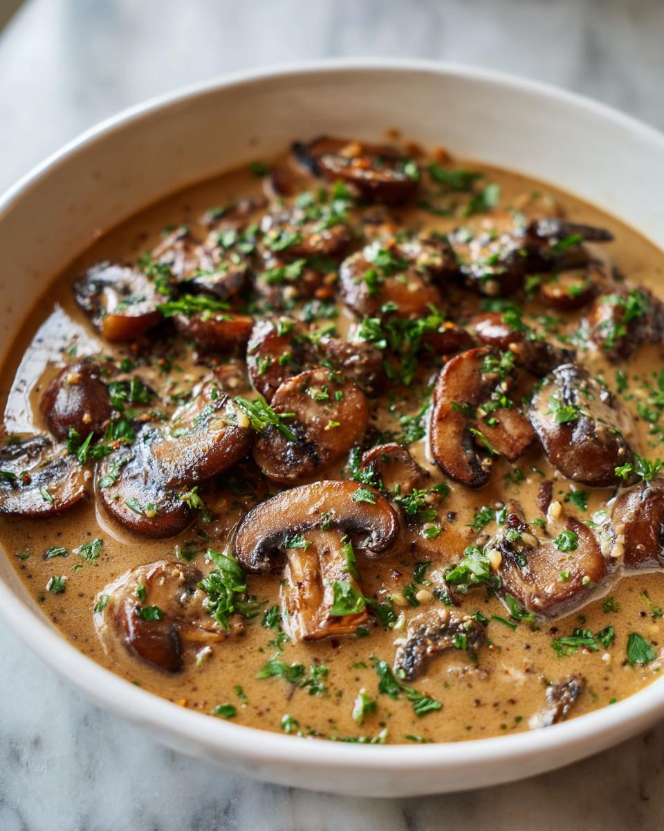 A close-up of rich, creamy mushroom sauce filled with sliced, sautéed mushrooms and fresh parsley.