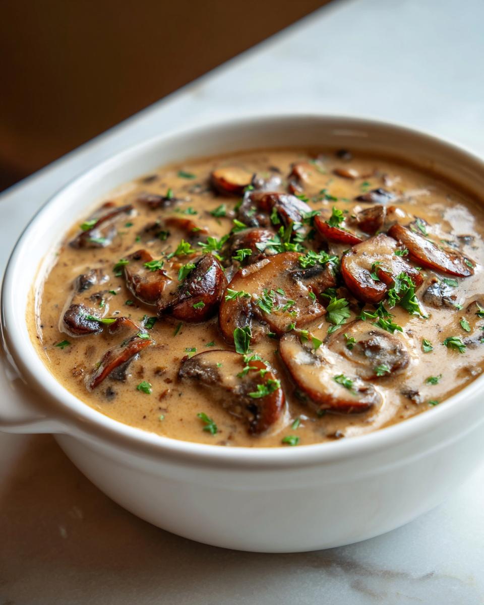 Close-up of rich, creamy mushroom sauce filled with sliced brown mushrooms and topped with fresh parsley.