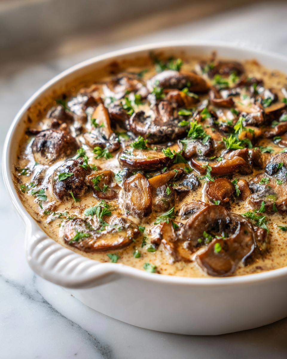 Close-up of rich, savory mushroom sauce with sliced mushrooms in a white serving dish, garnished with parsley.