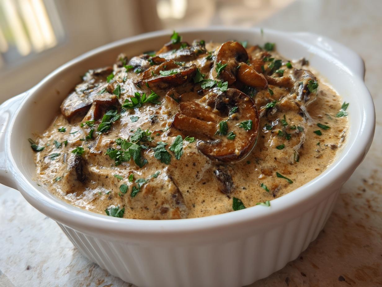 Close-up of a rich, creamy mushroom sauce topped with sautéed mushrooms and fresh parsley in a white serving bowl.