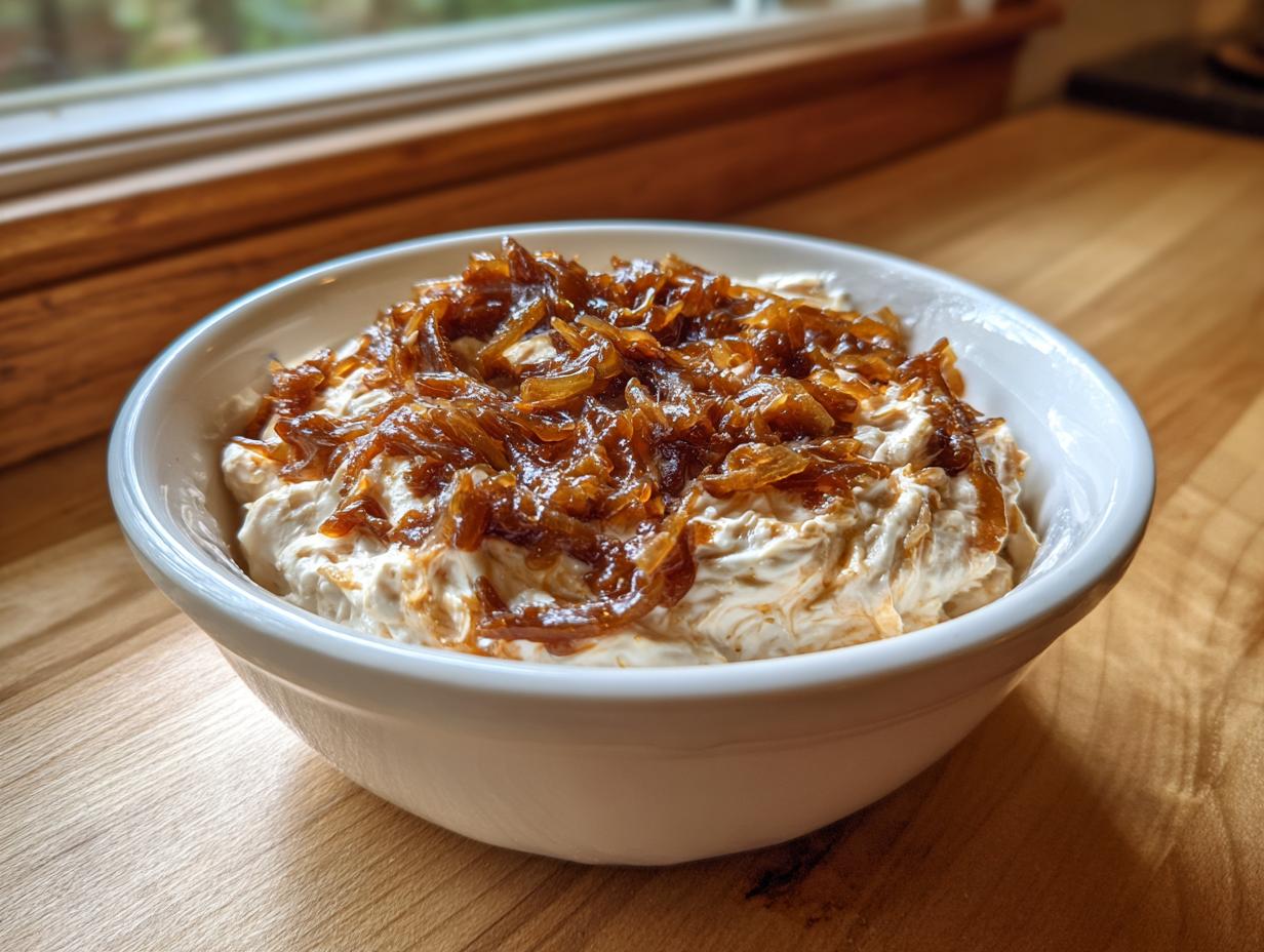 A white bowl filled with creamy onion dip, generously topped with caramelized onions.