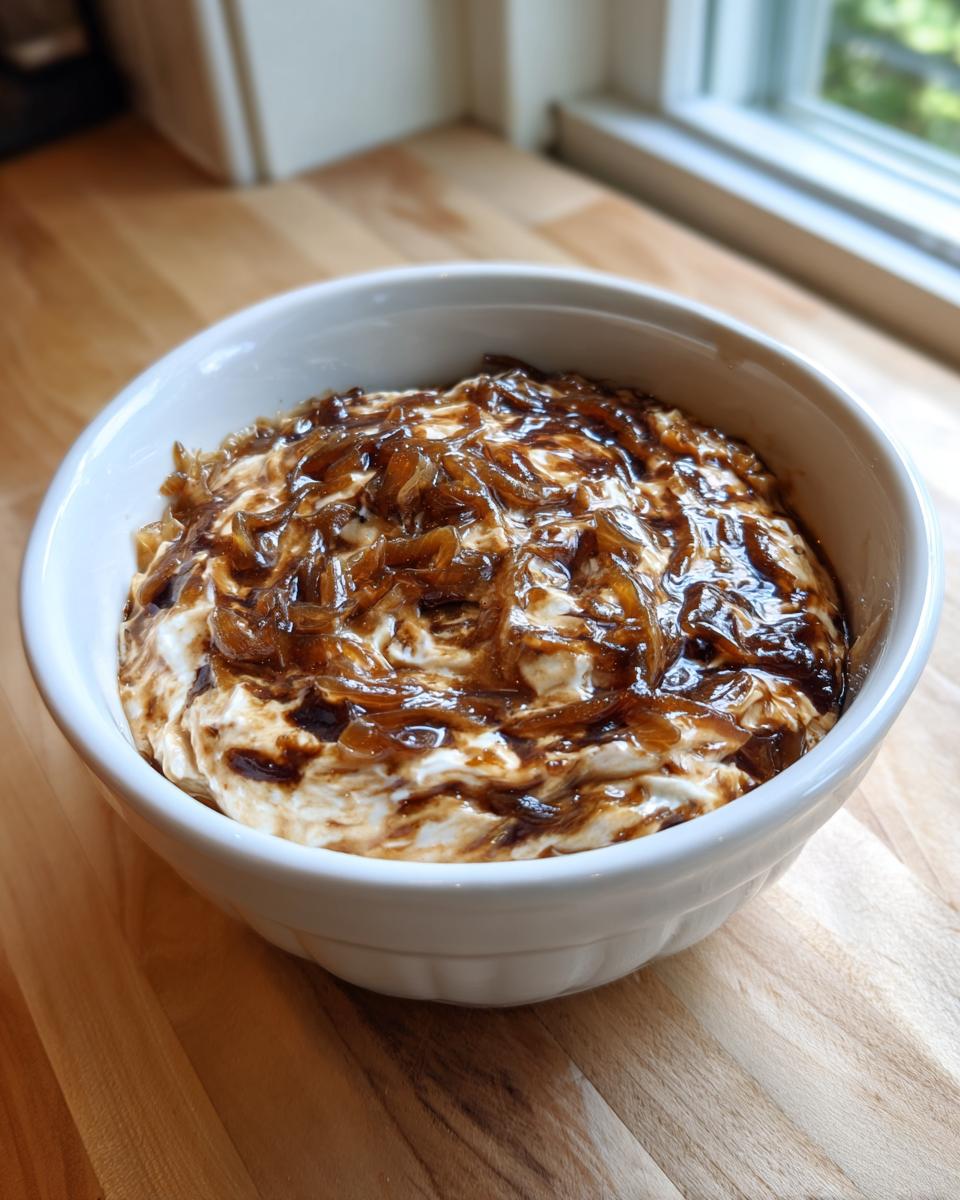 A creamy, white onion dip topped generously with rich, caramelized onions, served in a white bowl.