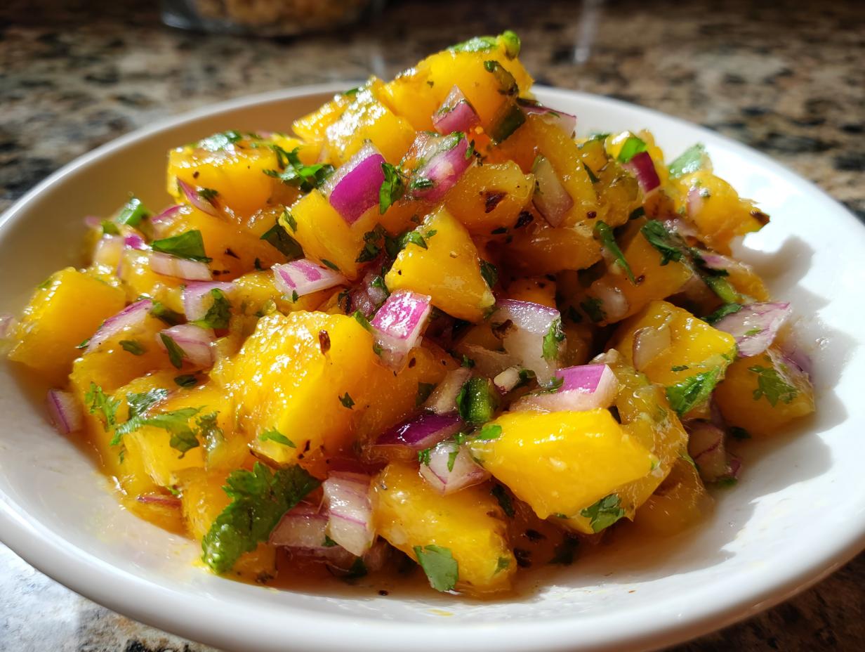 Close-up of vibrant peach salsa featuring diced peaches, red onion, and cilantro in a small white bowl.