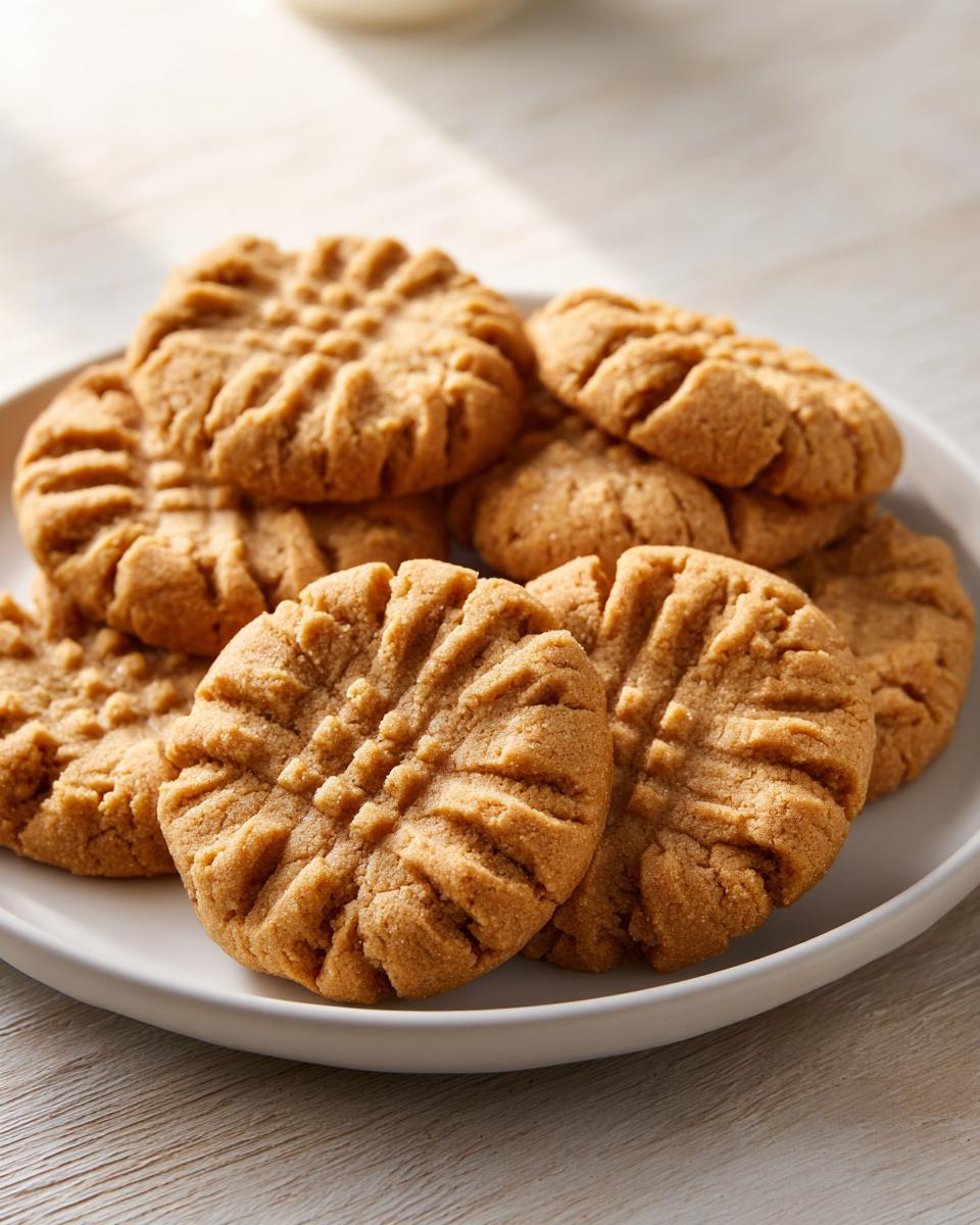 A stack of freshly baked peanut butter cookies featuring the classic criss-cross fork marks, resting on a white plate.