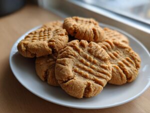 A stack of freshly baked peanut butter cookies featuring classic crisscross fork marks, served on a white plate.