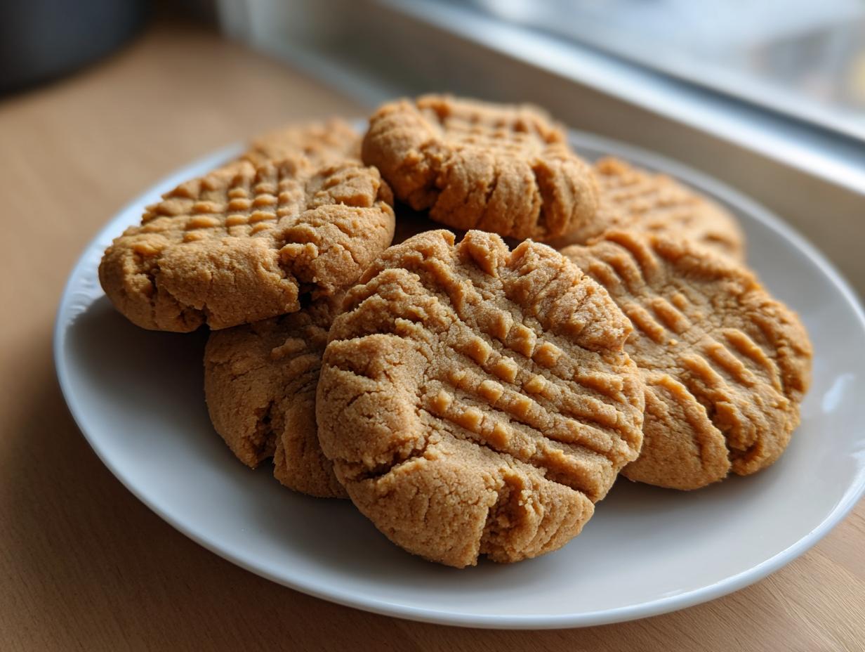 A stack of freshly baked peanut butter cookies featuring classic crisscross fork marks, served on a white plate.