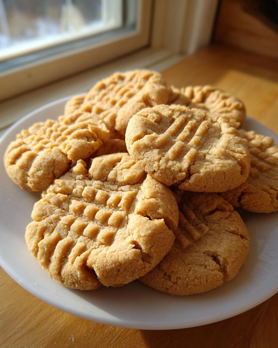 A stack of freshly baked peanut butter cookies with classic crisscross fork marks, resting on a white plate near a sunlit window.