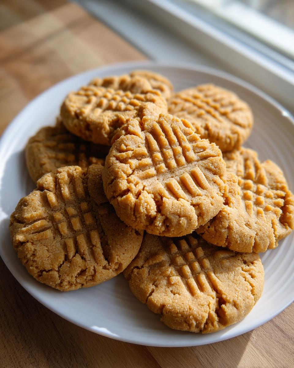 A stack of freshly baked peanut butter cookies with classic fork marks piled on a white plate.
