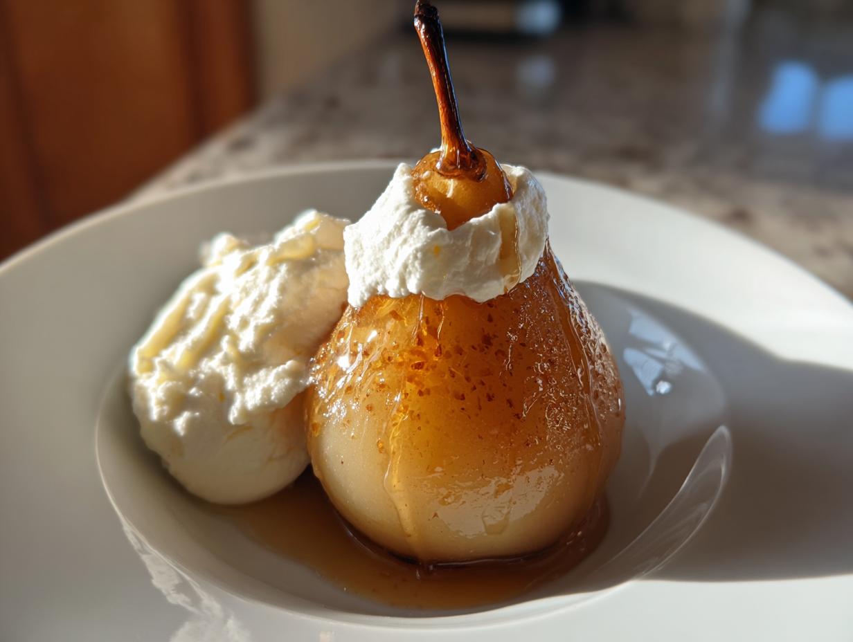 A single, glistening poached pear topped with whipped cream and served next to a scoop of vanilla ice cream.