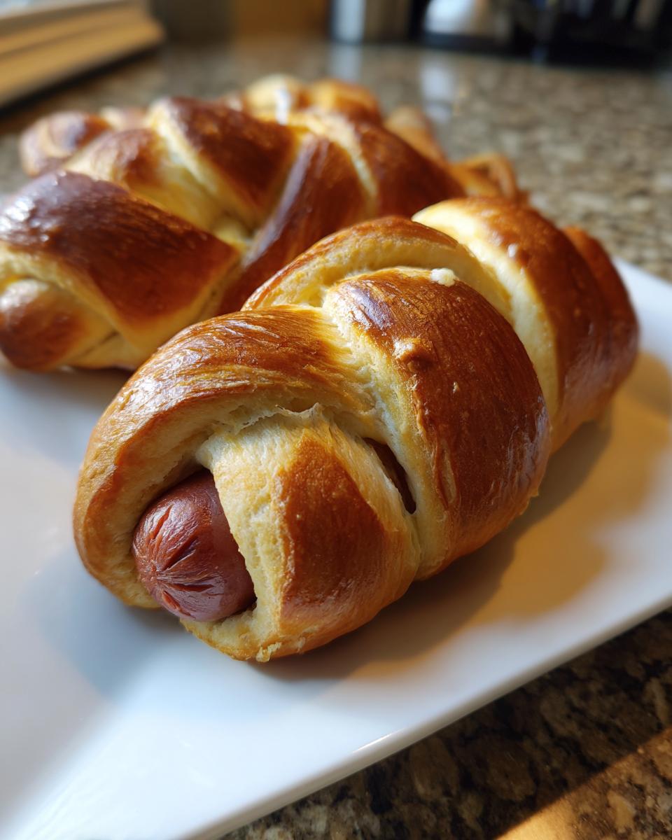 Close-up of several freshly baked pretzel dogs with shiny, braided dough wrapped around sausages on a white plate.