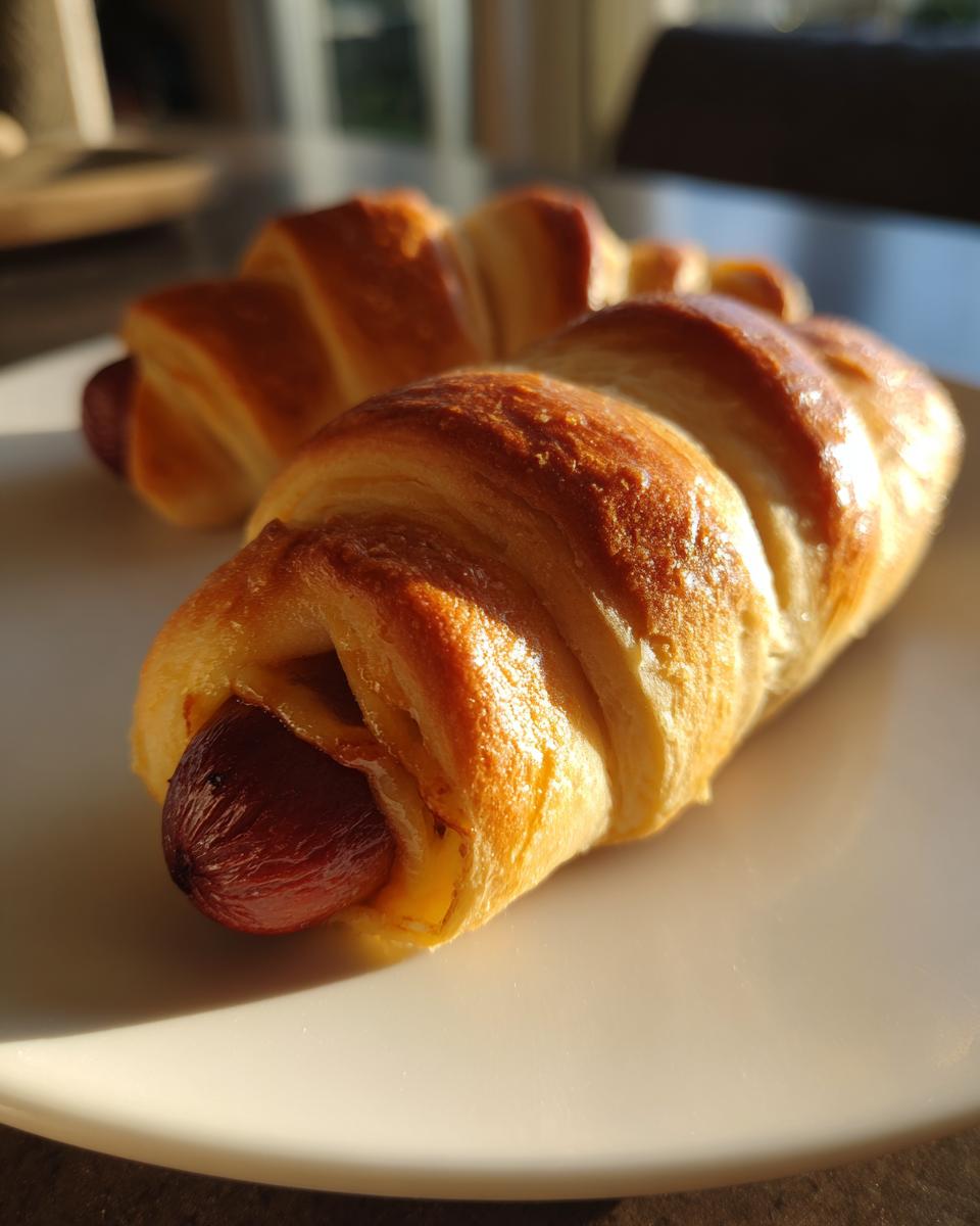 Close-up of two golden brown, freshly baked pretzel dogs wrapped in shiny dough on a white plate.