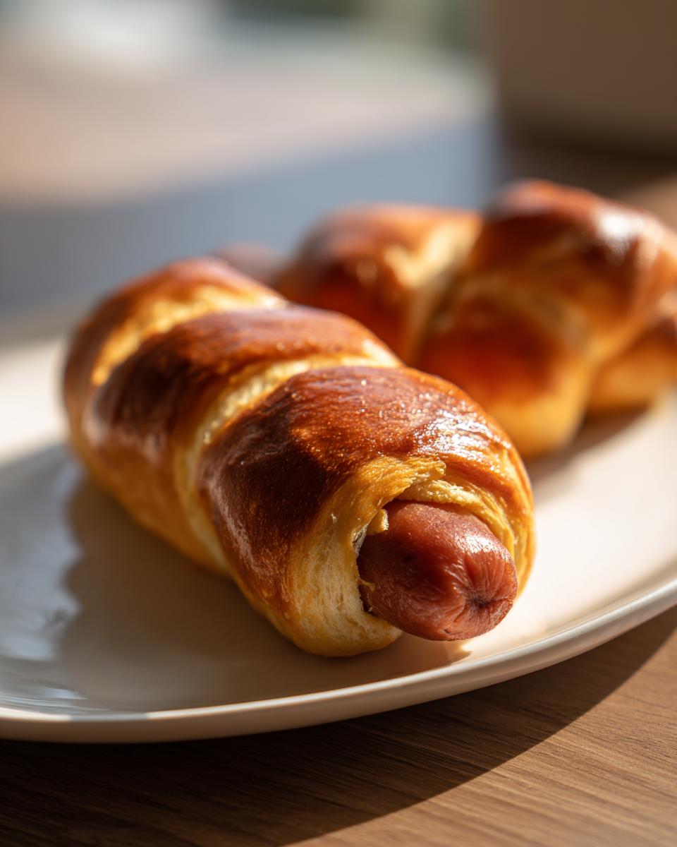 Close-up of a freshly baked pretzel dog with a shiny, dark brown crust on a white plate.