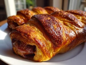 Close-up of freshly baked pretzel dogs showing a shiny, dark golden, flaky pastry wrapped around a filling.