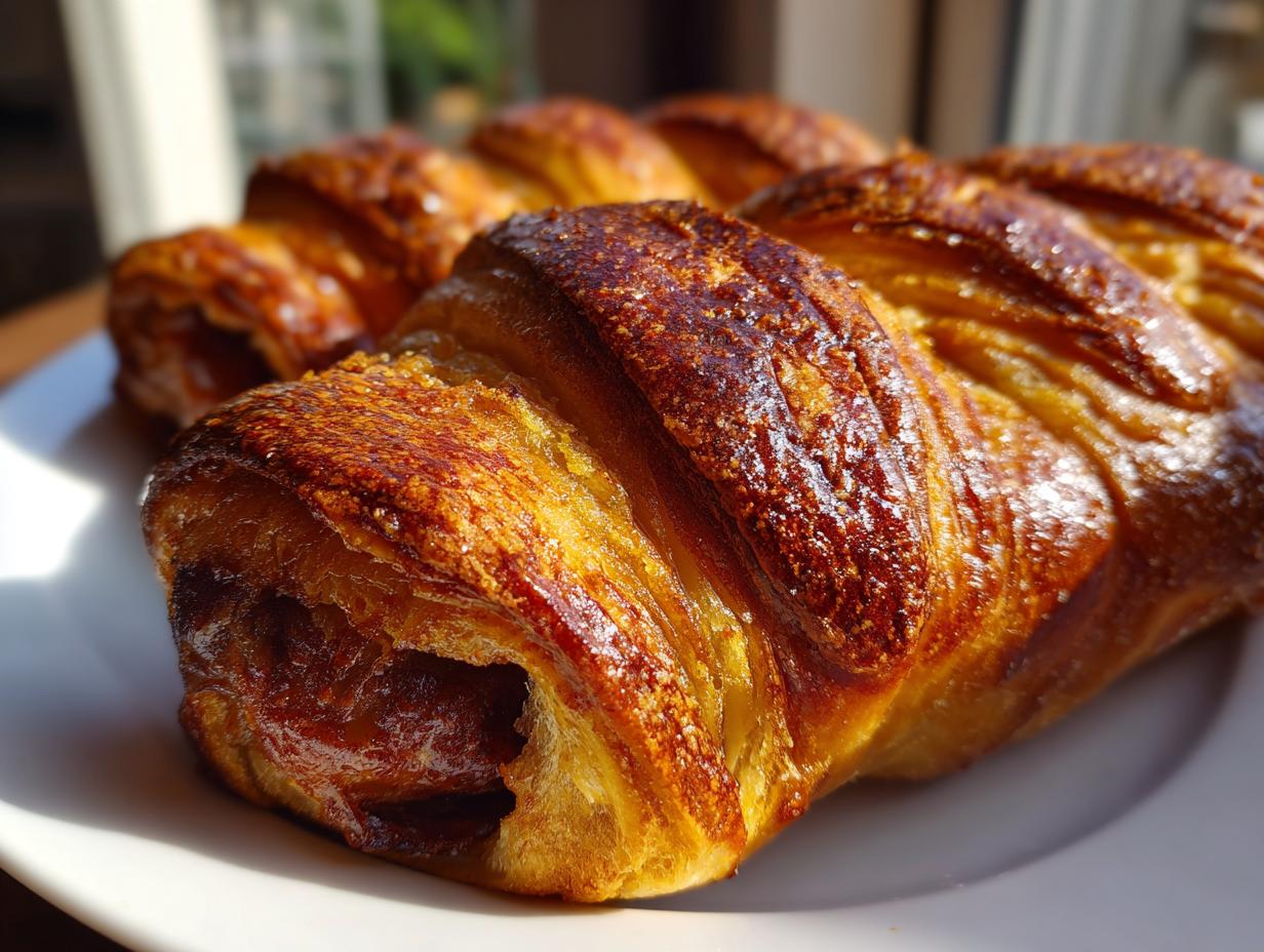 Close-up of freshly baked pretzel dogs showing a shiny, dark golden, flaky pastry wrapped around a filling.