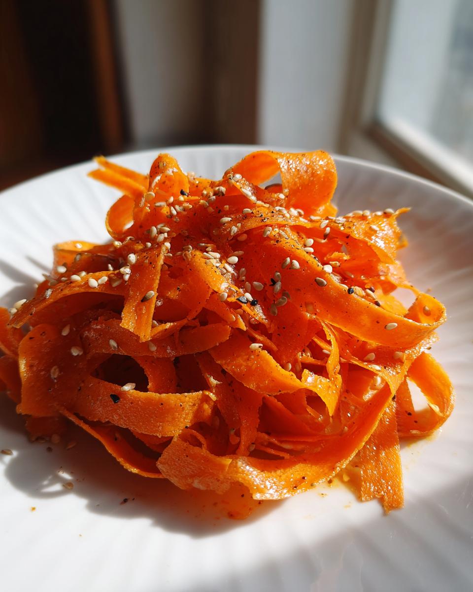 Close-up of bright orange raw carrot salad ribbons topped with sesame seeds and spices.