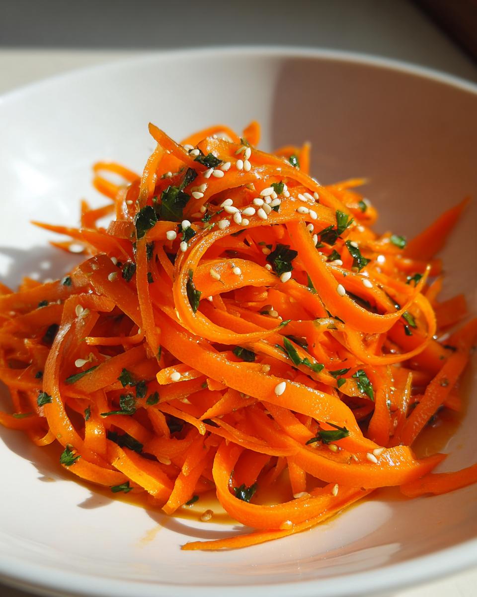 Close-up of a vibrant raw carrot salad made of shaved carrots, topped with sesame seeds and fresh herbs.