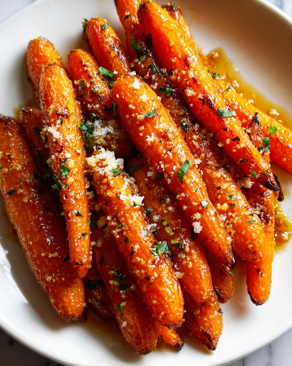 Close-up of glossy, glazed roasted baby carrots topped with grated cheese and fresh parsley.