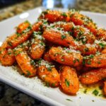 A close-up of glossy, roasted baby carrots topped with grated Parmesan cheese and fresh parsley.
