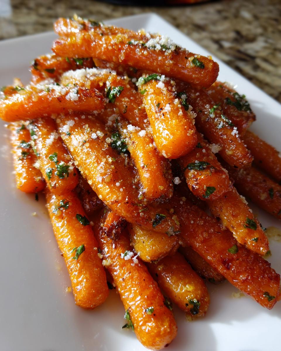 Close-up of a pile of glossy, glazed roasted baby carrots topped with grated Parmesan cheese and chopped parsley.