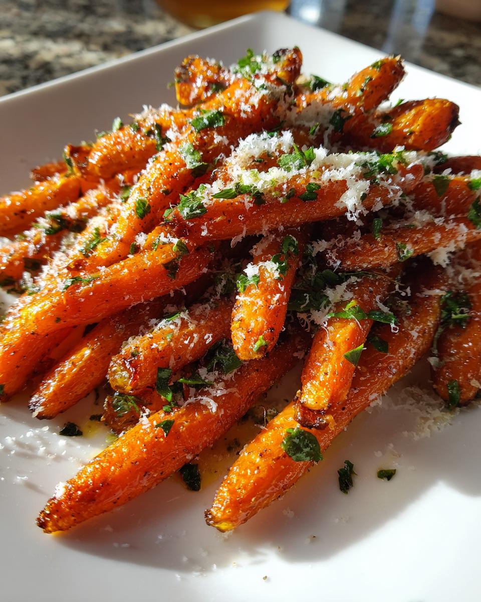 Close-up of bright orange roasted baby carrots topped with grated Parmesan cheese and fresh parsley.