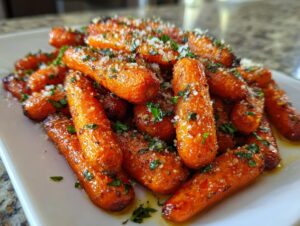 A close-up of a pile of glazed roasted baby carrots topped with grated Parmesan cheese and fresh parsley.