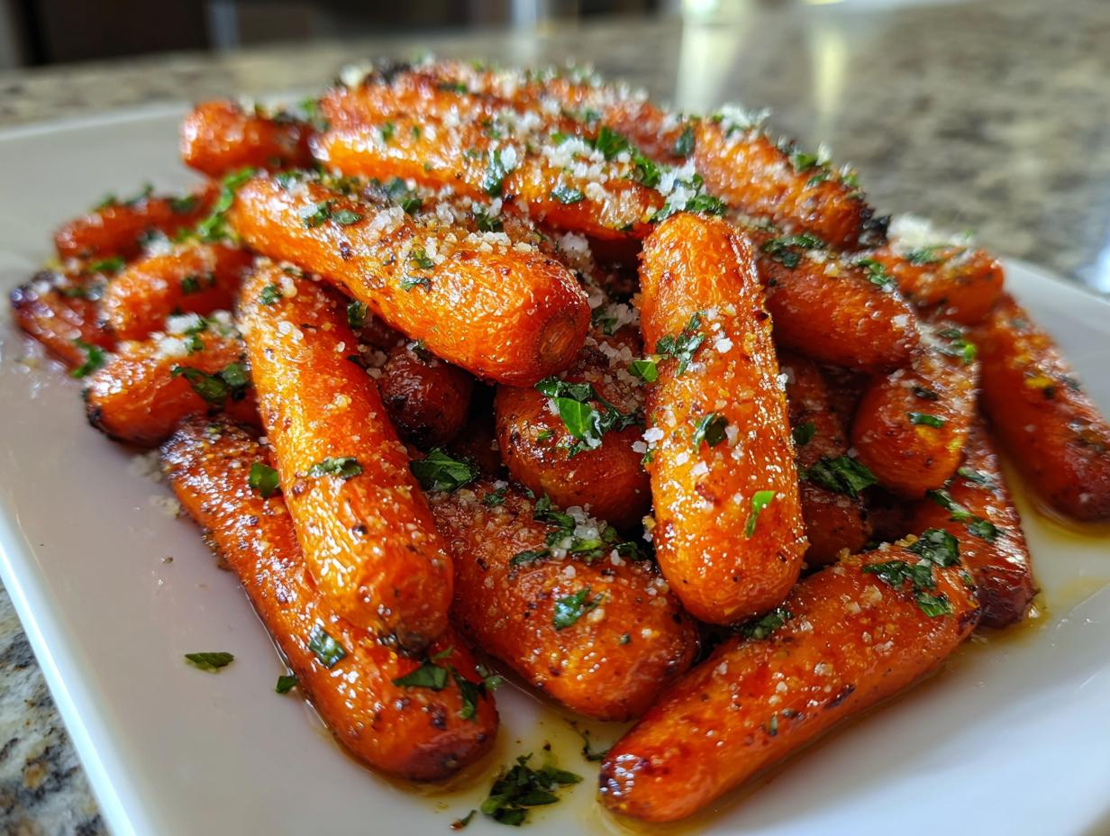 A close-up of a pile of glazed roasted baby carrots topped with grated Parmesan cheese and fresh parsley.