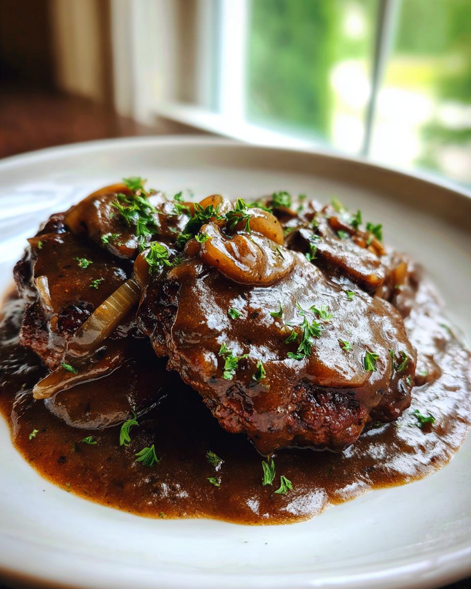 Two servings of rich salisbury steak smothered in brown mushroom gravy and topped with fresh parsley.