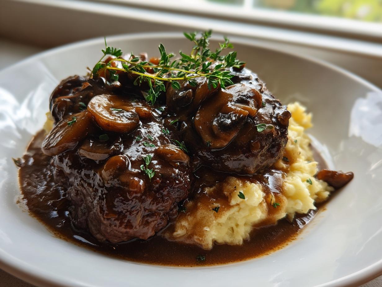 Two rich salisbury steak patties smothered in dark mushroom gravy, served over creamy mashed potatoes and garnished with fresh thyme.