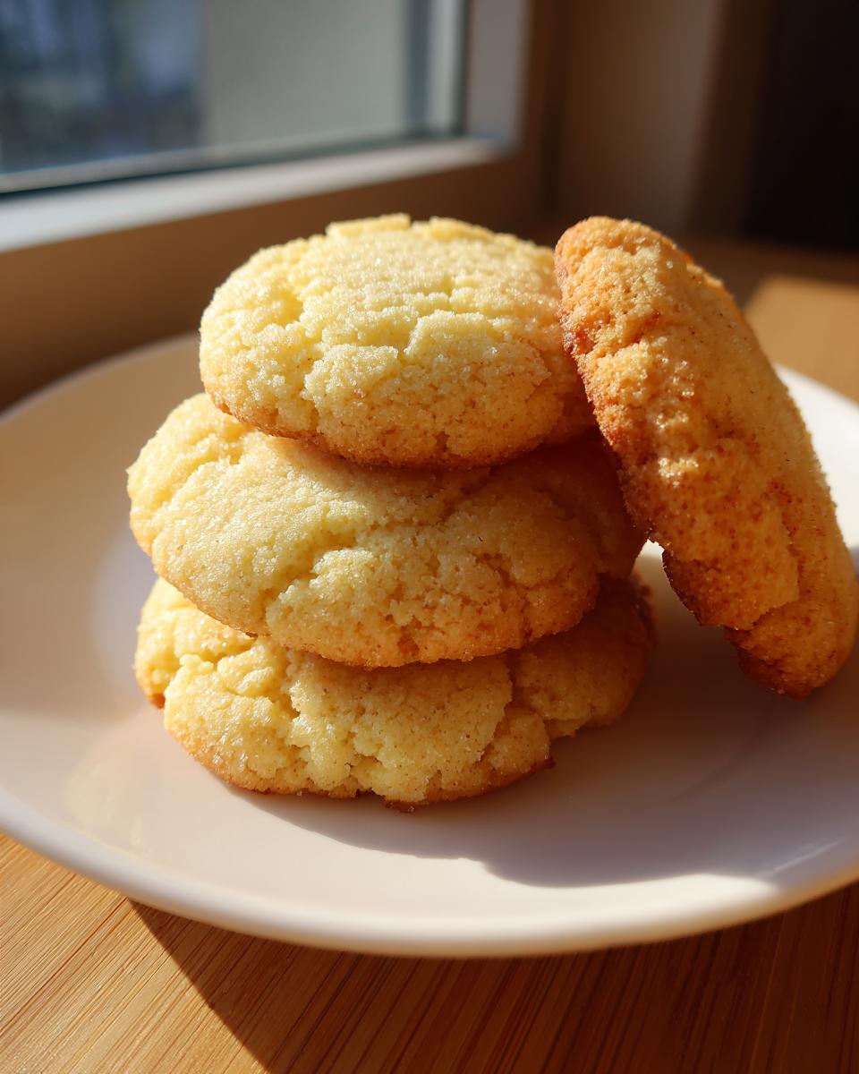 A stack of three golden-brown sugar cookie rounds resting on a light plate, with one cookie leaning against the stack.