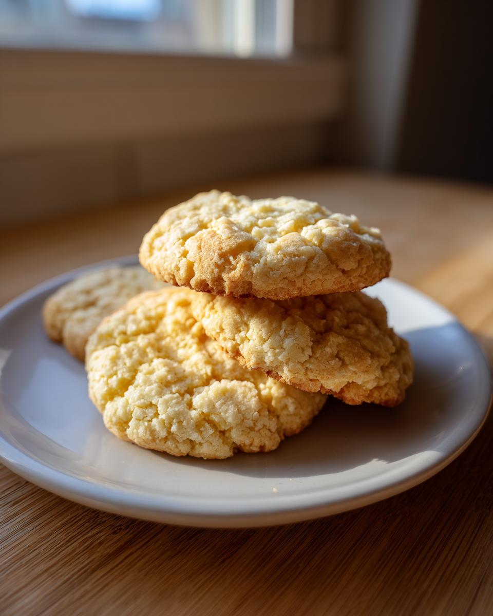 A stack of three golden brown, crinkly baked sugar cookie treats resting on a light gray plate near a window.