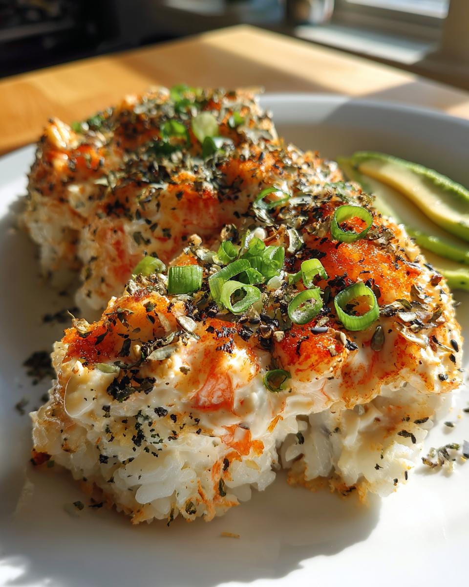 Close-up of a scoop of creamy, baked sushi bake topped with furikake and green onions.