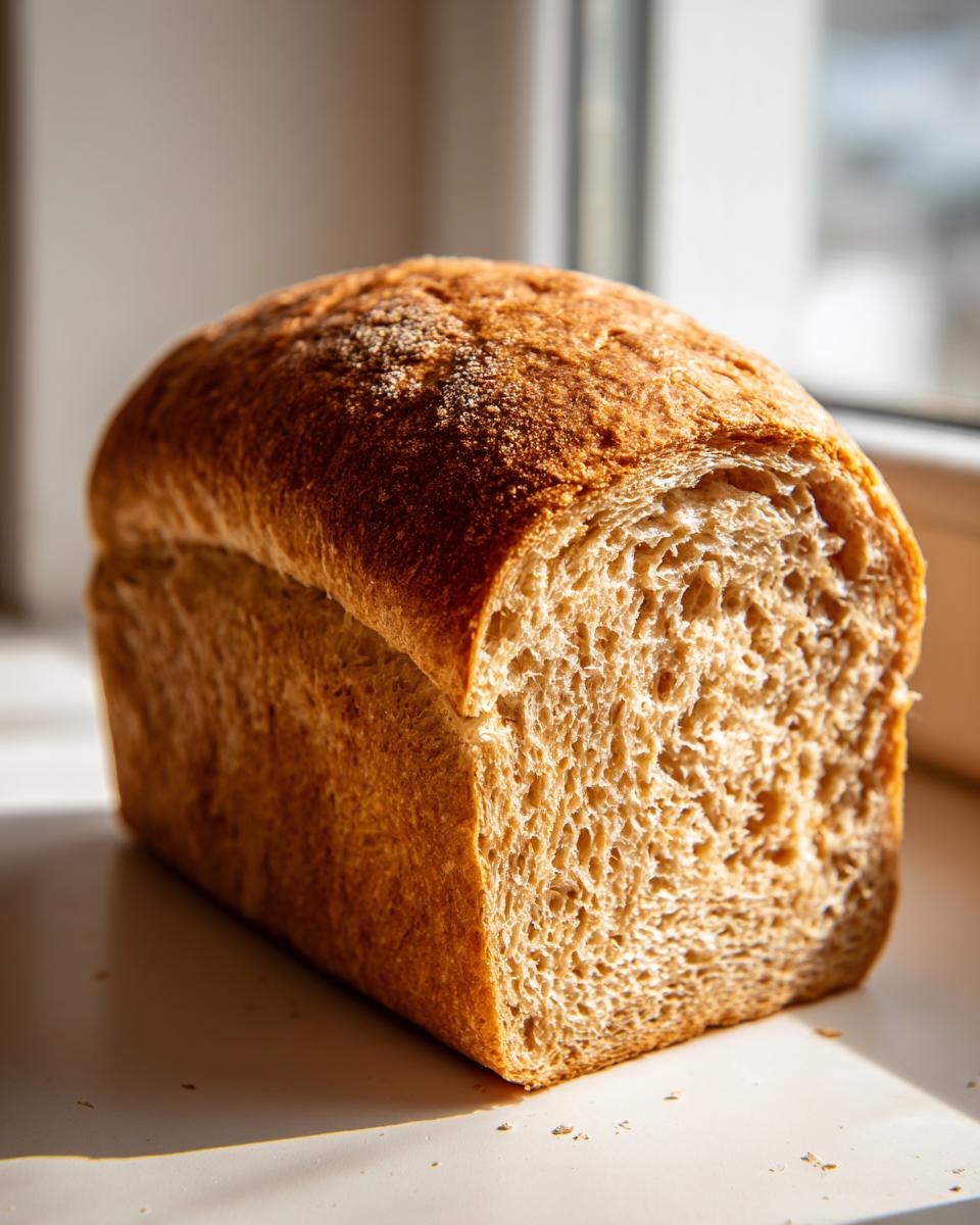 A freshly baked loaf of whole wheat bread standing upright, showing its soft interior crumb and golden-brown crust.