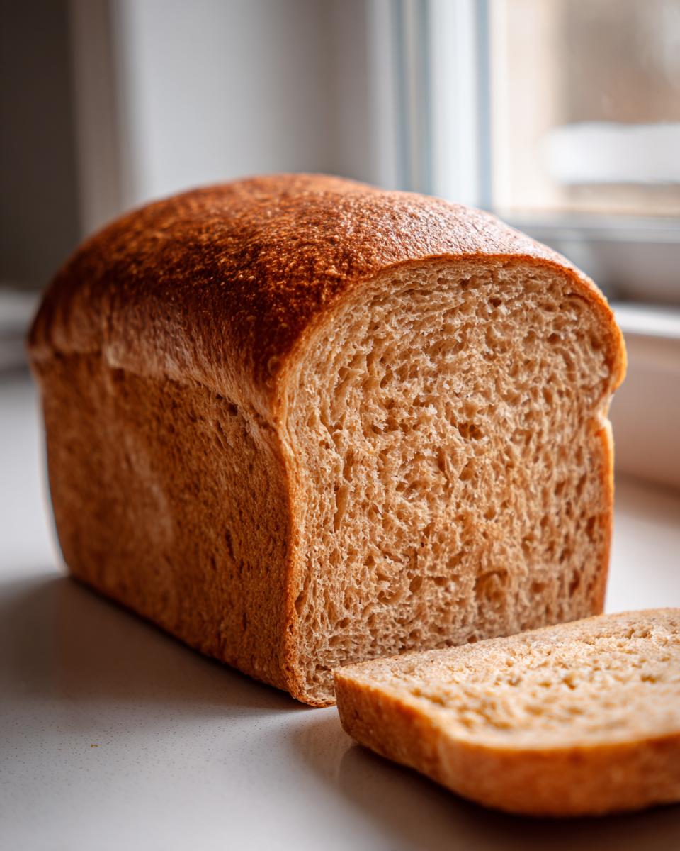 A close-up of a golden-brown loaf of homemade whole wheat bread with one slice cut and resting in front.