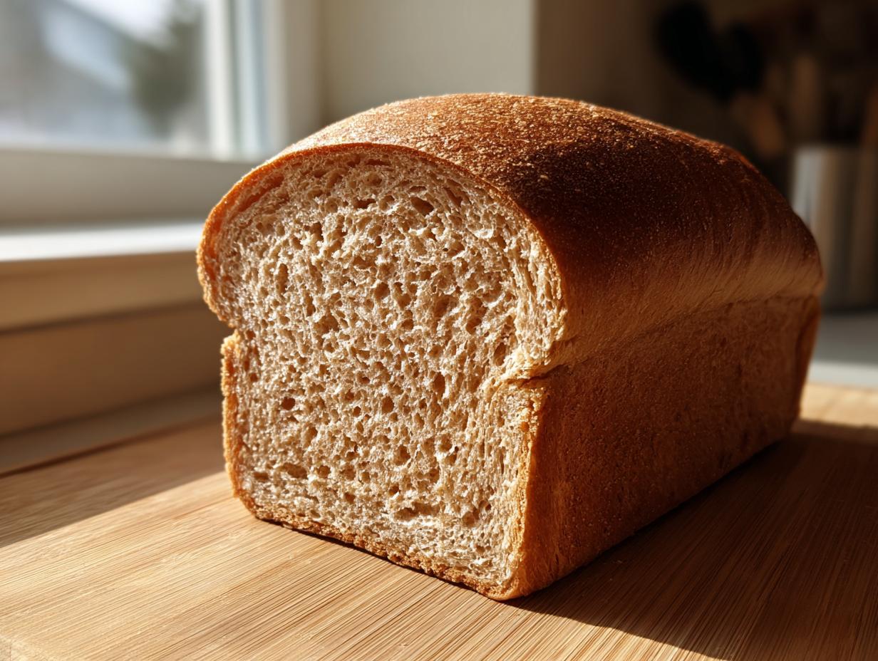 A freshly baked loaf of whole wheat bread, sliced to show its soft crumb texture, sitting on a wooden cutting board.