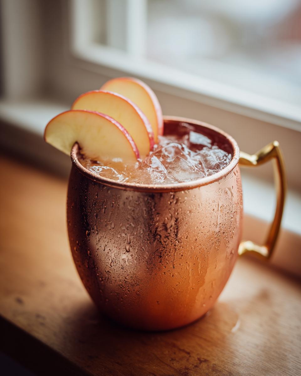 Close-up of a frosty copper mug filled with an apple cider moscow mule, garnished with apple slices.