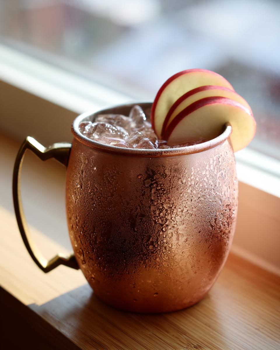 A refreshing apple cider moscow mule served over ice in a frosty copper mug, garnished with apple slices.