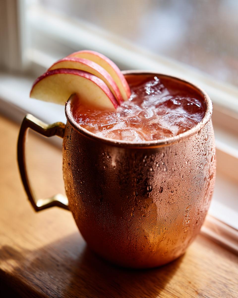A condensation-covered copper mug filled with an Apple Cider Moscow Mule, garnished with thin apple slices.