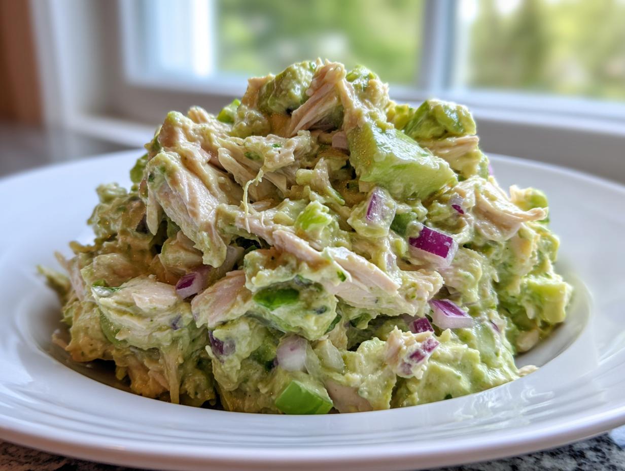 Close-up of a generous serving of creamy avocado chicken salad with visible chunks of avocado and red onion.