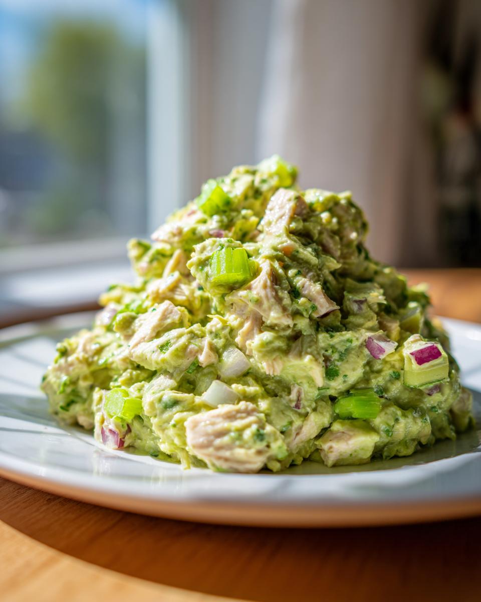 A mound of creamy avocado chicken salad mixed with chunks of chicken, red onion, and celery, served on a white plate.