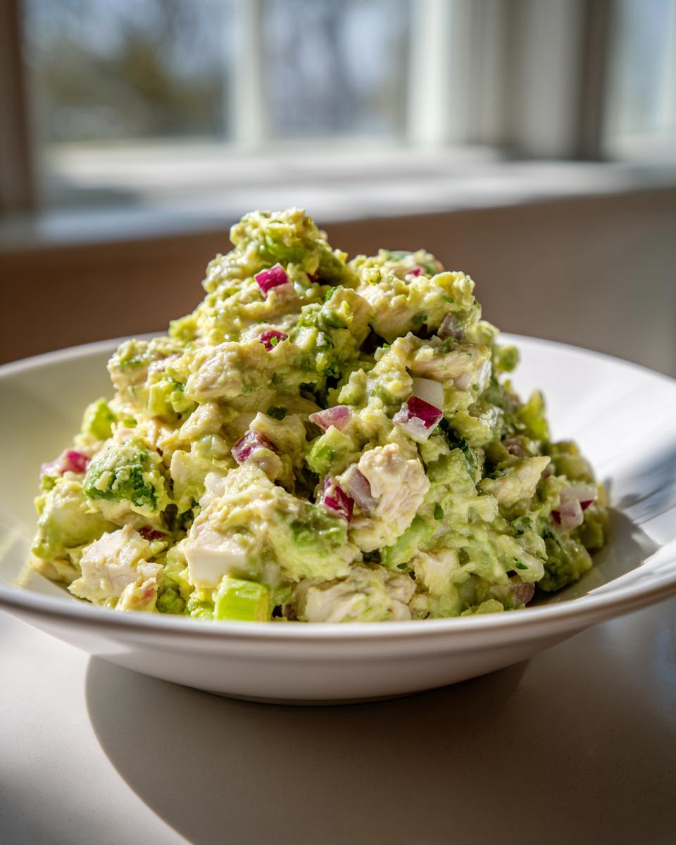 A generous mound of creamy avocado chicken salad mixed with diced red onion, served in a white bowl.