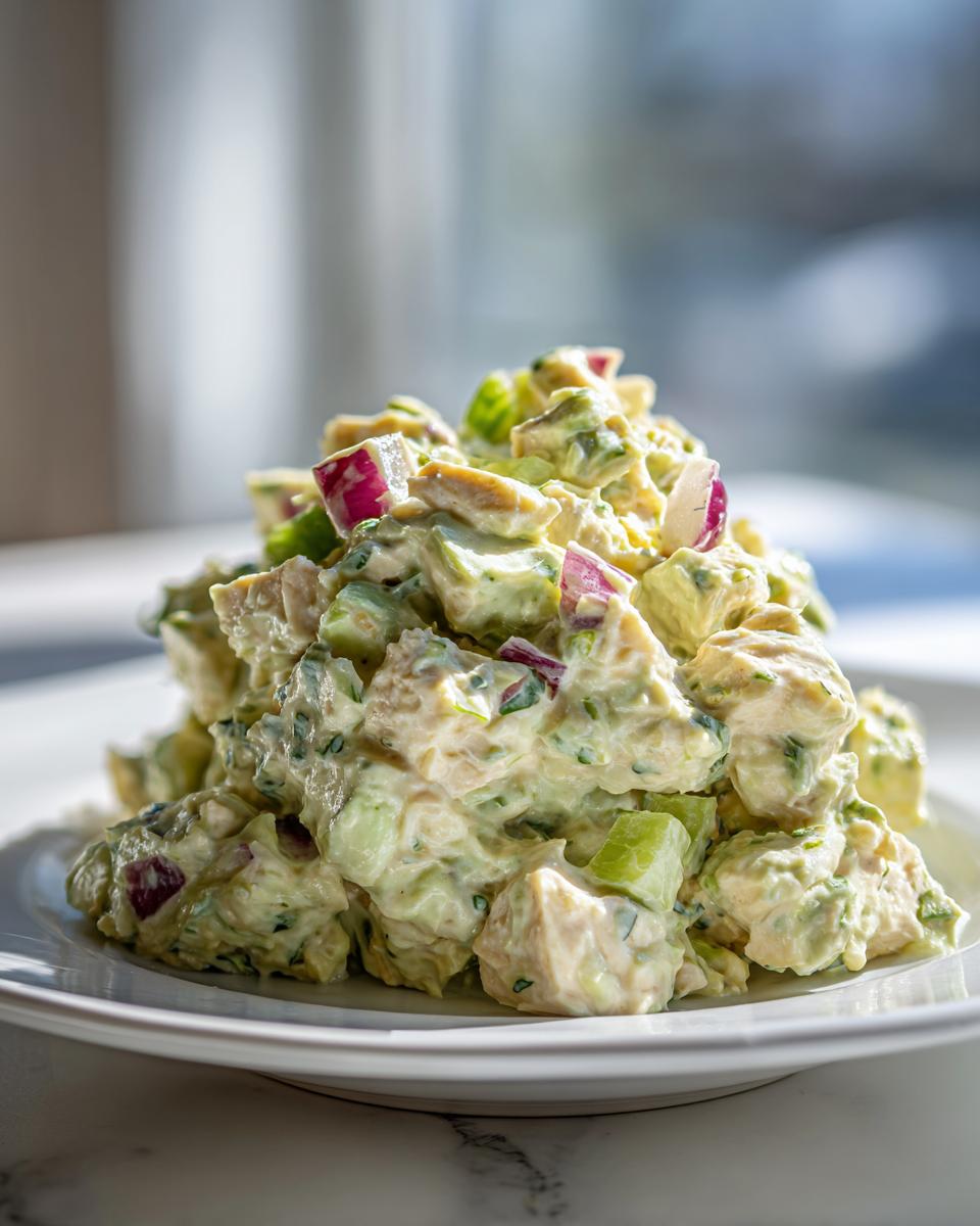 Close-up of a mound of creamy avocado chicken salad mixed with chunks of chicken, celery, and red onion, served on a white plate.