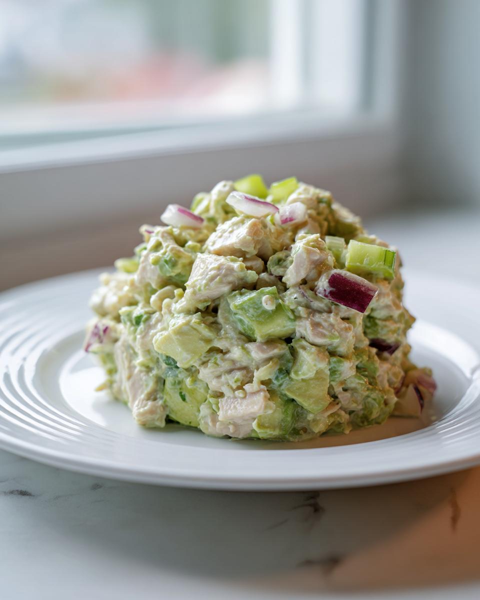 A mound of creamy avocado chicken salad topped with diced red onion and celery on a white plate.