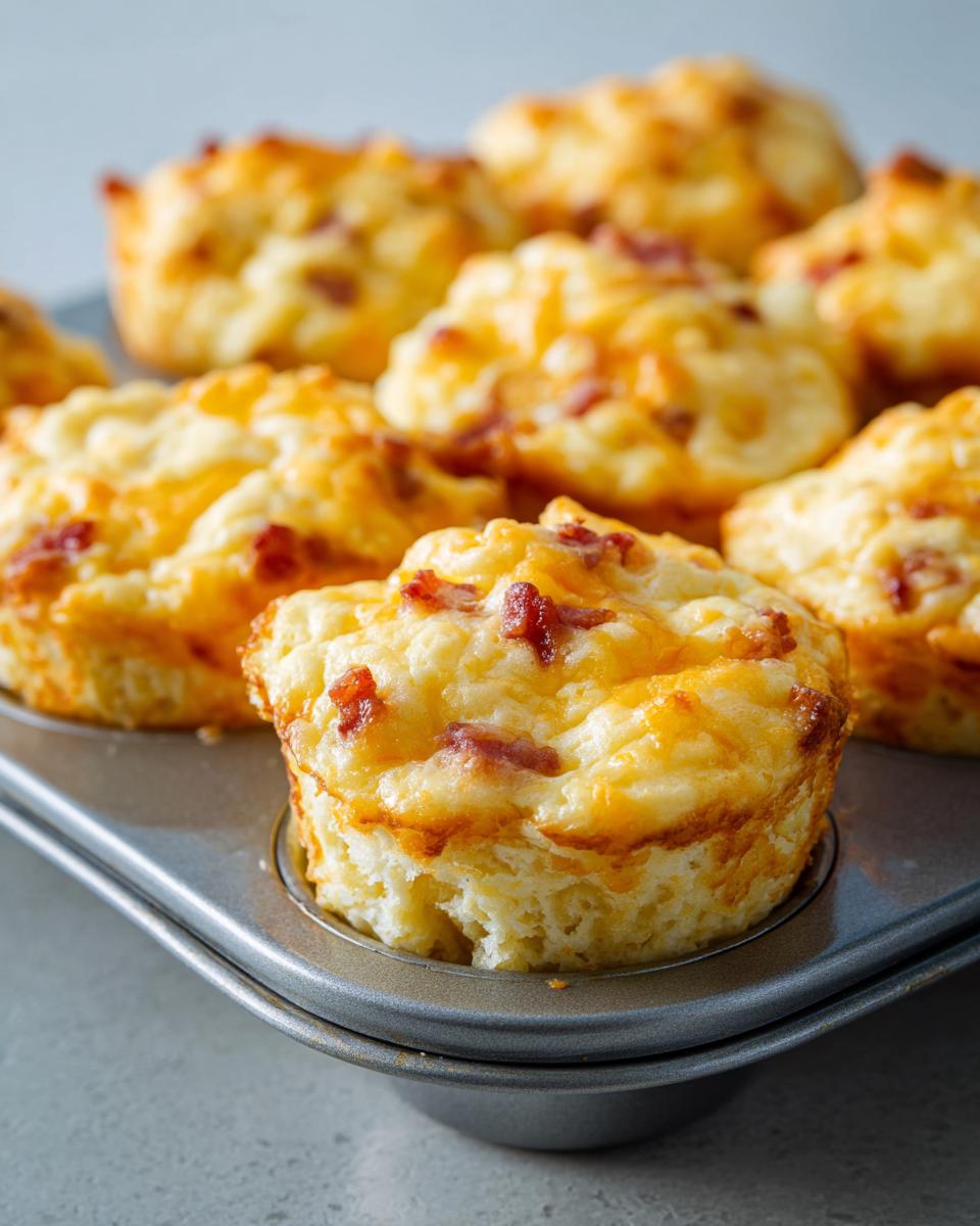 Close-up of freshly baked, fluffy bacon and cheese egg bites cooling in a metal muffin tin.