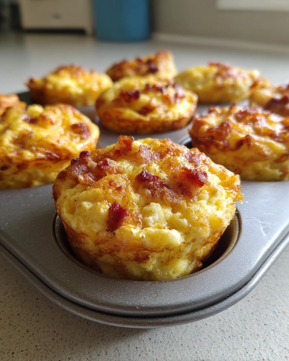 Close-up of golden brown bacon egg bites fresh out of a muffin tin, perfect for protein fuel.