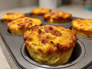 Close-up of golden brown, baked bacon egg bites fresh from the muffin tin, ready for a protein boost.