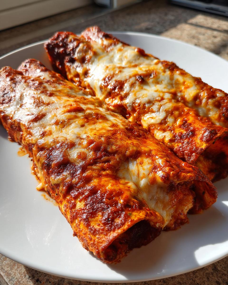 Two baked cheese enchiladas covered in rich red sauce and melted white cheese.