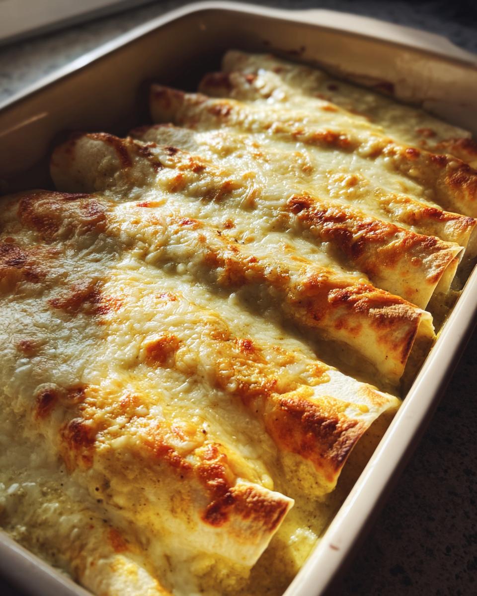 Close-up of baked green chile chicken enchiladas covered in bubbly, melted, slightly browned cheese in a baking dish.
